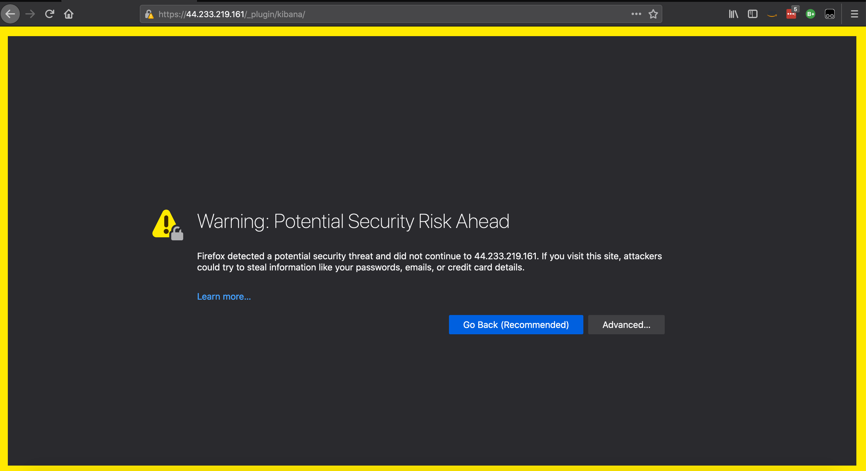 The browser displays Warning: Potential Security Risk Ahead with Go Back (Recommended) and Advanced buttons.