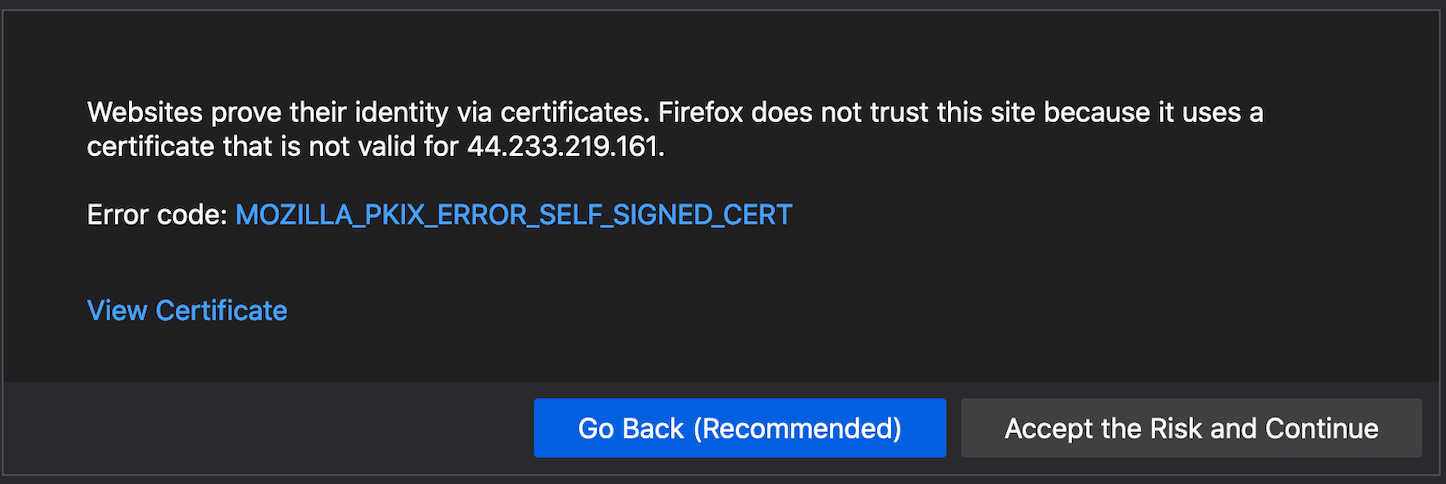 Webpage says “Websites prove their identity via certificates. Firefox does not trust this site because it uses a certificate that is not valid for the IP address” with an Error code, View Certificate link,Go Back and Accept the Risk and Continue buttons.