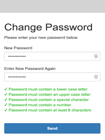 The Change Password page provides fields to enter and re-enter the password and lists password requirements.