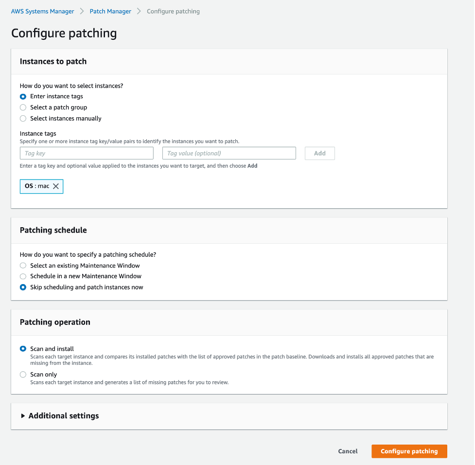 Configure patching console with instance tags OS:mac and patching schedule section with skip scheduling and patch now option and patching operation of scan and install selected.