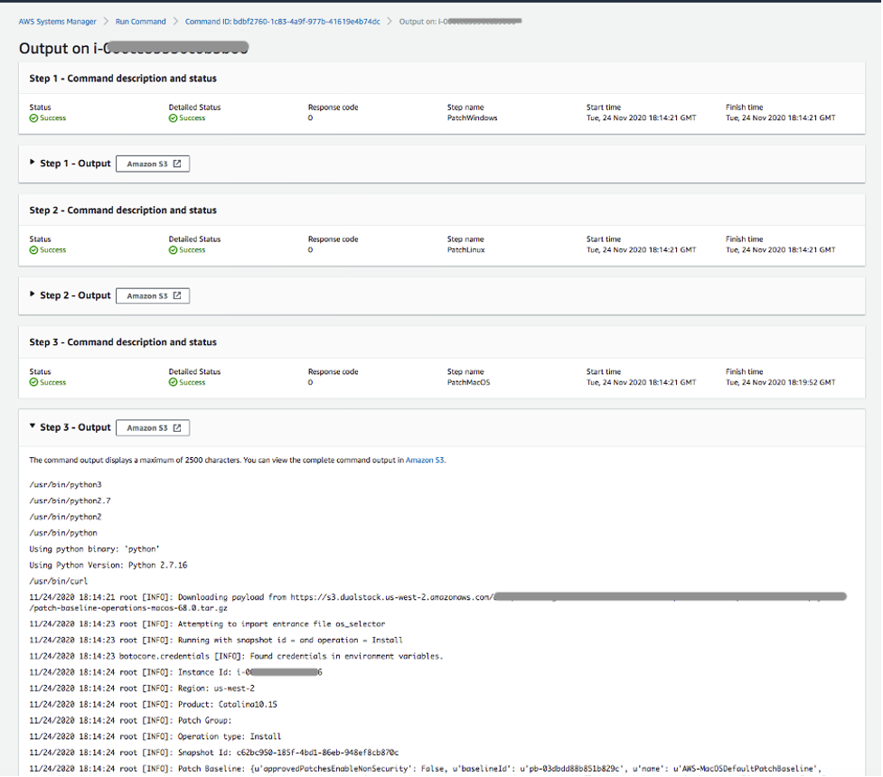 Run Command output console of the patching operation showing the output of patch installation on Amazon EC2 macOS instances.