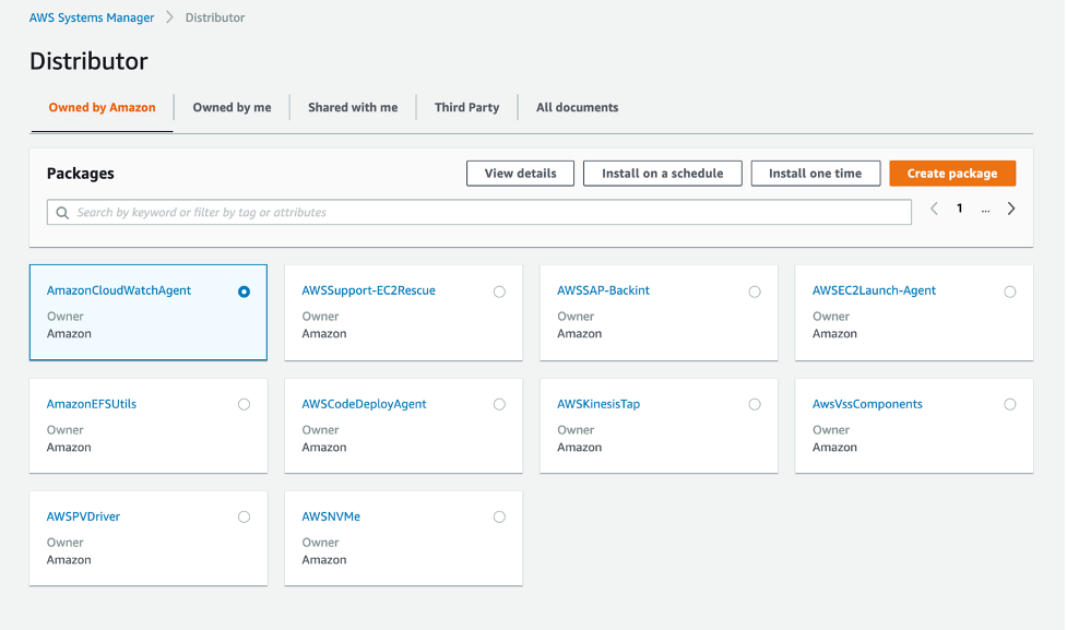 Systems Manager Distributor console with AmazonCloudWatchAgent package selected.
