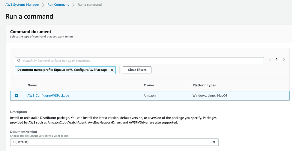 Run Command console with AWS-ConfigurAWSPackage command document.