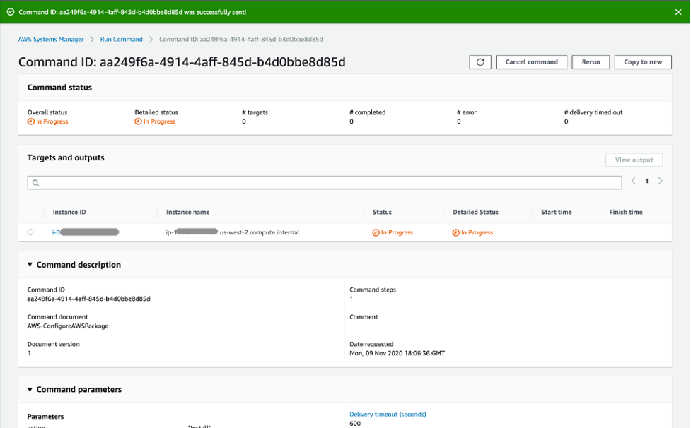 Run Command ID console with in progress status, Amazon EC2 macOS instance as target and AWS-ConfigureAWSPackage command document.