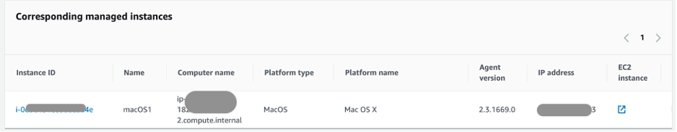 Corresponding managed instances section on Inventory console with Amazon EC2 macOS instance selected.