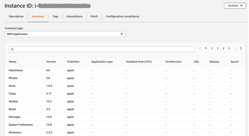 Amazon EC2 macOS instance inventory metadata with AWS:Application inventory type.