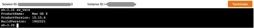 Session terminal of Amazon EC2 macOS instance with sw_vers command output.