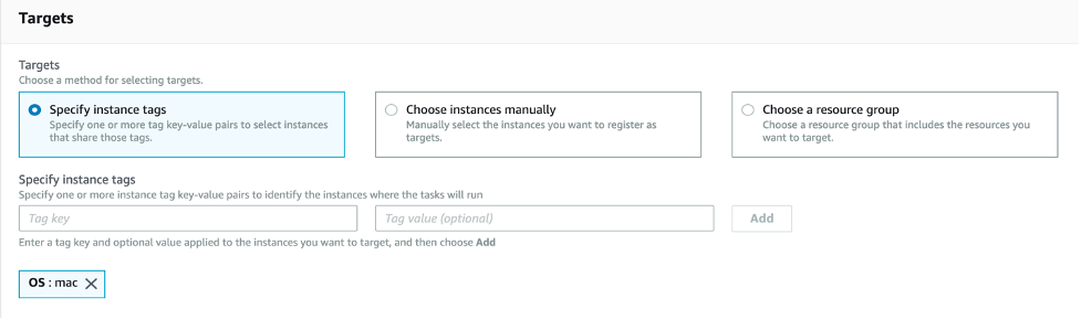 Run Command targets section with specify instance tags menthod selected and tag key OS and tag value mac added.