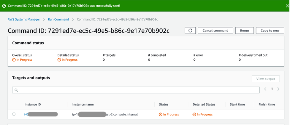 Run Command status console with Command ID and overall status. Also showing the Amazon EC2 macOS instance as the target.