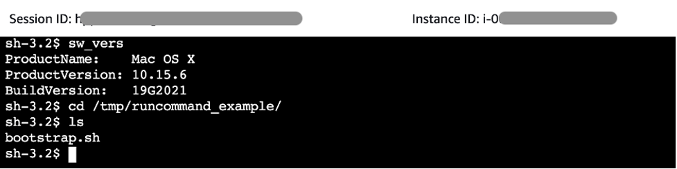 Session terminal of Amazon EC2 macOS instance showing successful run of Run Command.