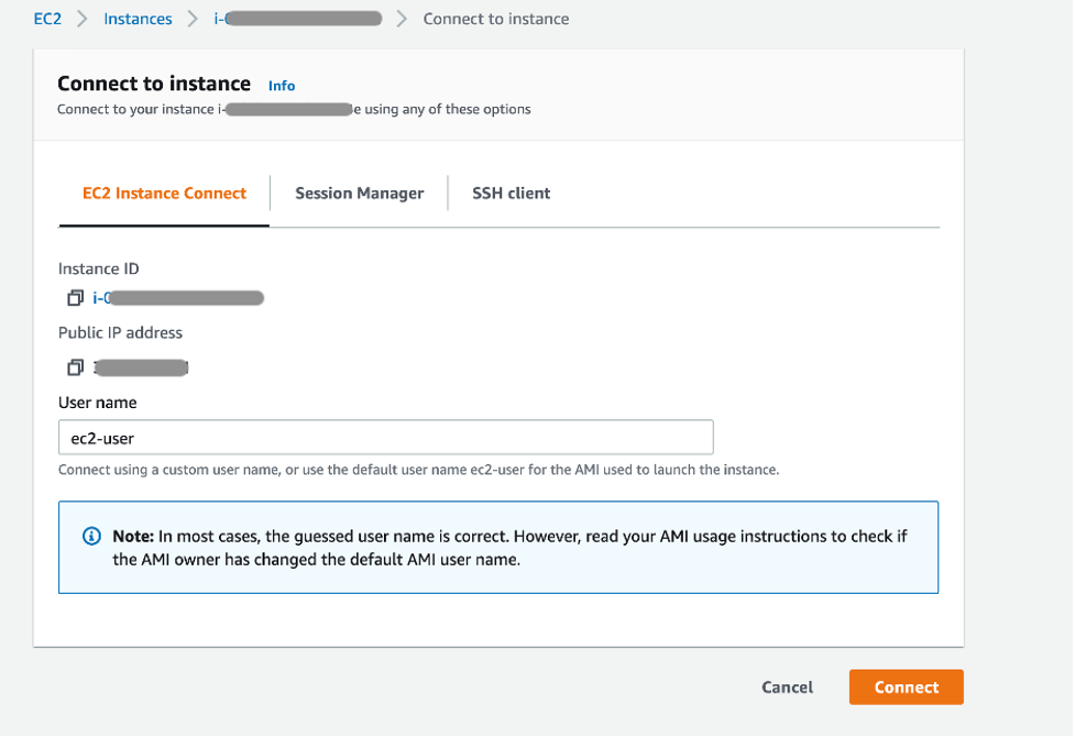 Amazon EC2 macOS instance with three connection options - EC2 Instance Connect, Session Manager, SSH client.
