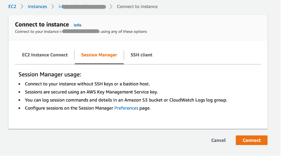 Amazon EC2 macOS instance connection using Session Manager.