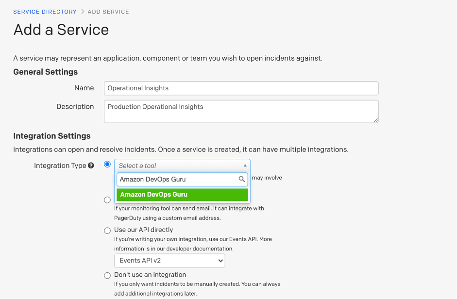 Select Amazon DevOps Guru from integration