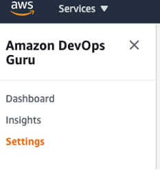 Amazon DevOps Guru Console setting button