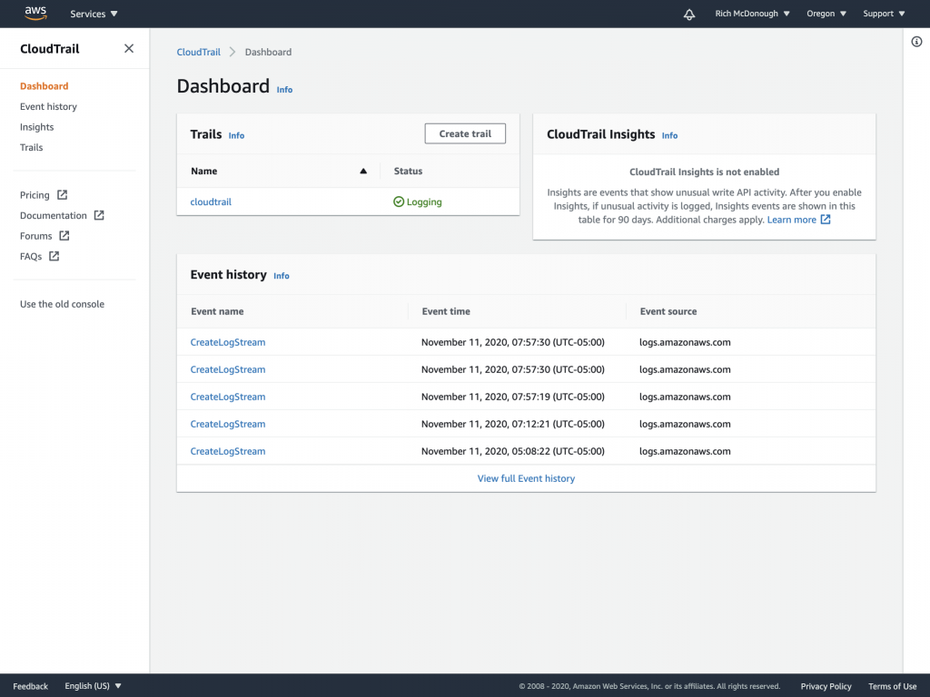 Dashboard in the CloudTrail console lists trails, event history, and Contributor Insights.