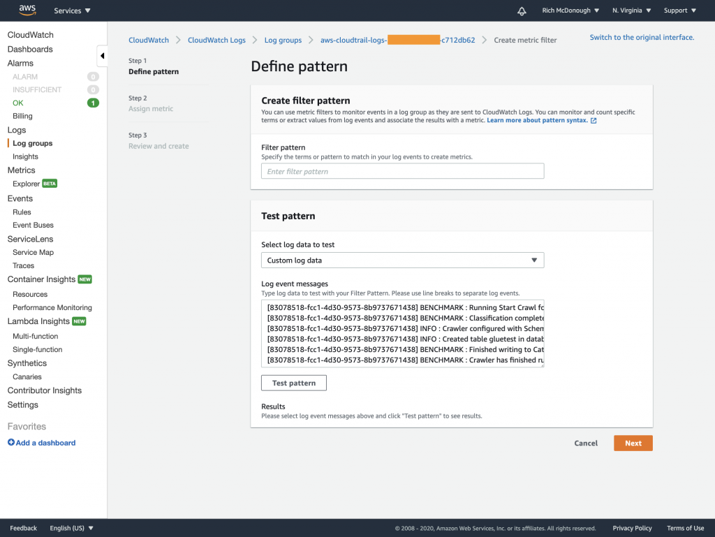 Define pattern page includes Create filter pattern and Test pattern sections.
