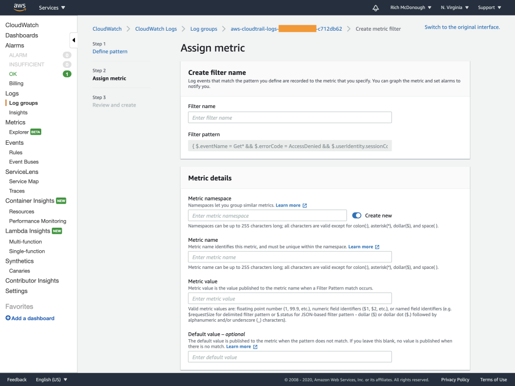 Assign metric page provides fields for filter name and pattern and a section for metric details.
