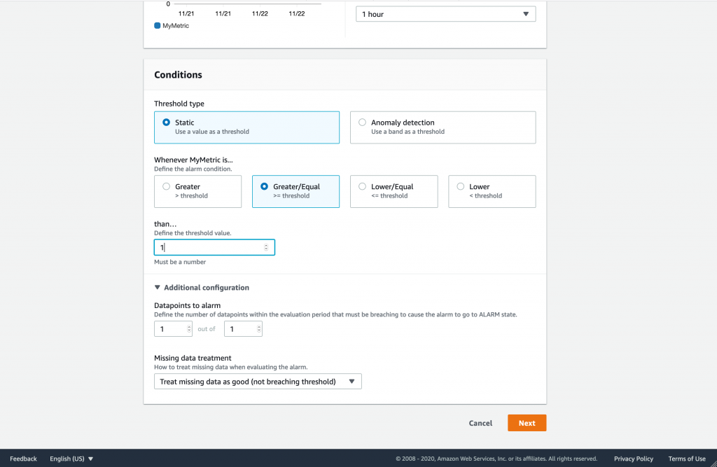 Conditions section displays options for threshold type (static and anomaly detection) and fields for defining the alarm condition.