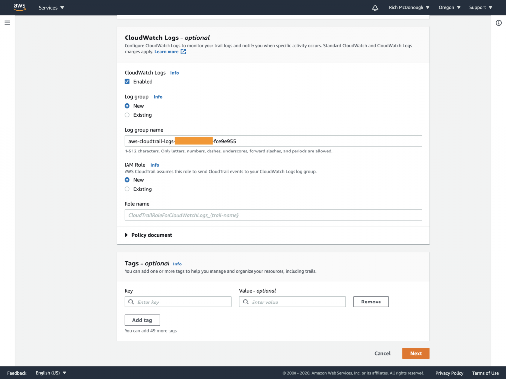 The CloudWatch Logs section includes an option to enable CloudWatch Logs, use a new or existing log group, use a new or existing IAM role, and enter tags for resources.