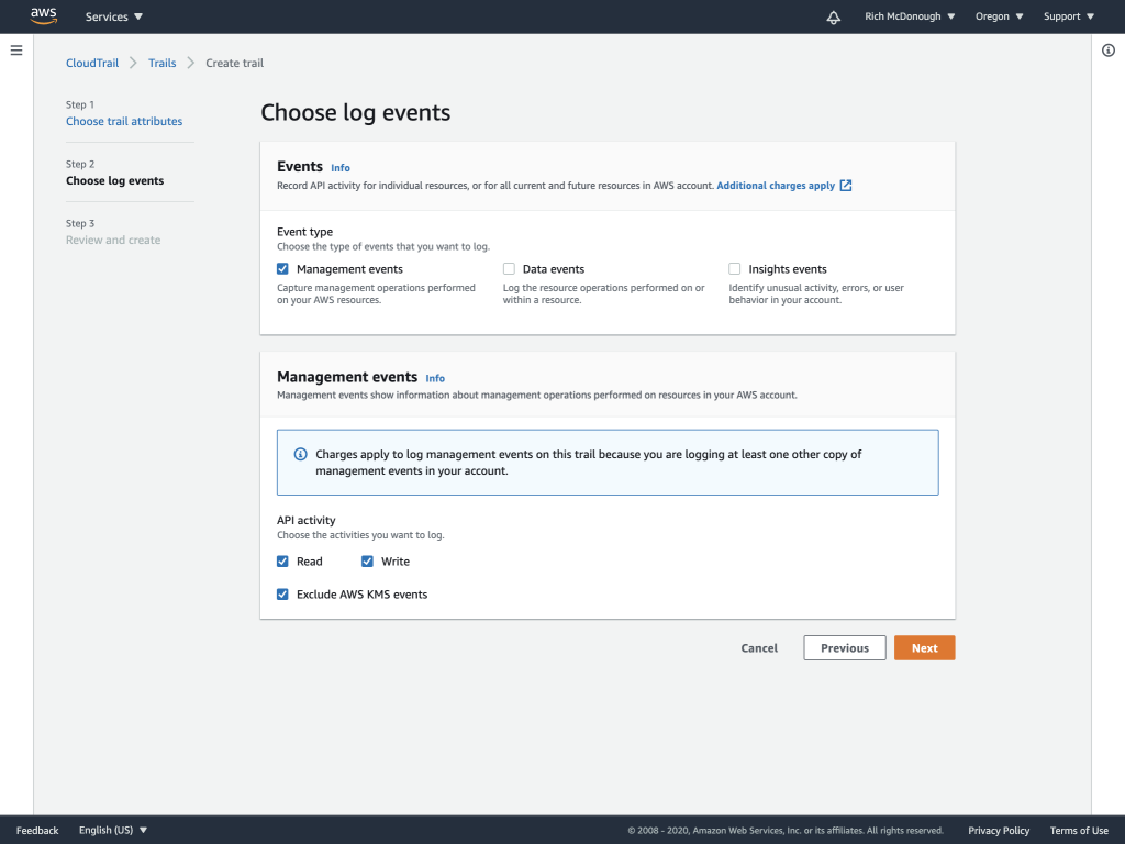 Choose log events provides options to select event type (management, data, insight) and choose the API activity to log (read, write, exclude KMS events).