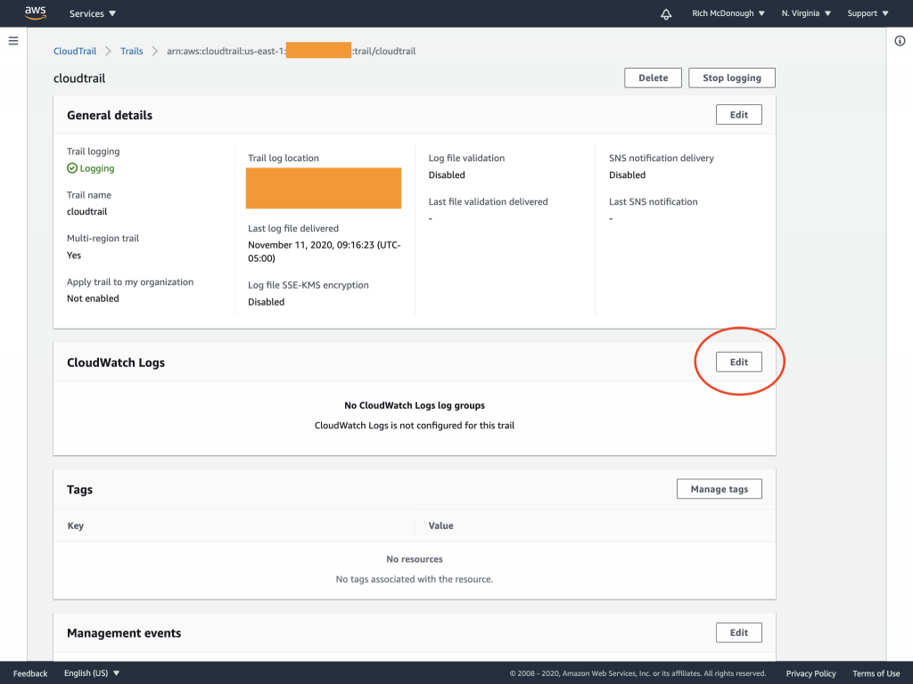 The General details page for a trail includes information about trail name, trail log location, SNS notification delivery, last log file delivered, and more. The CloudWatch Logs section includes an Edit button.