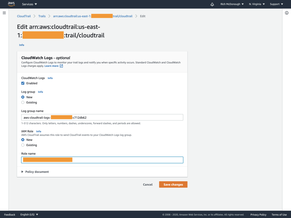 Trail page displays a CloudWatch Logs section with options to use a new or existing log group and a new or existing IAM role.