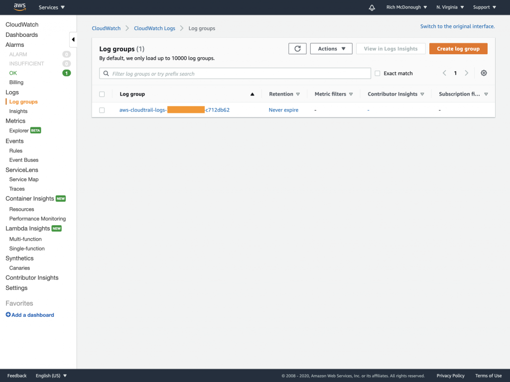 Log groups page includes columns for retention, metric filters, Contributor Insights, and more.