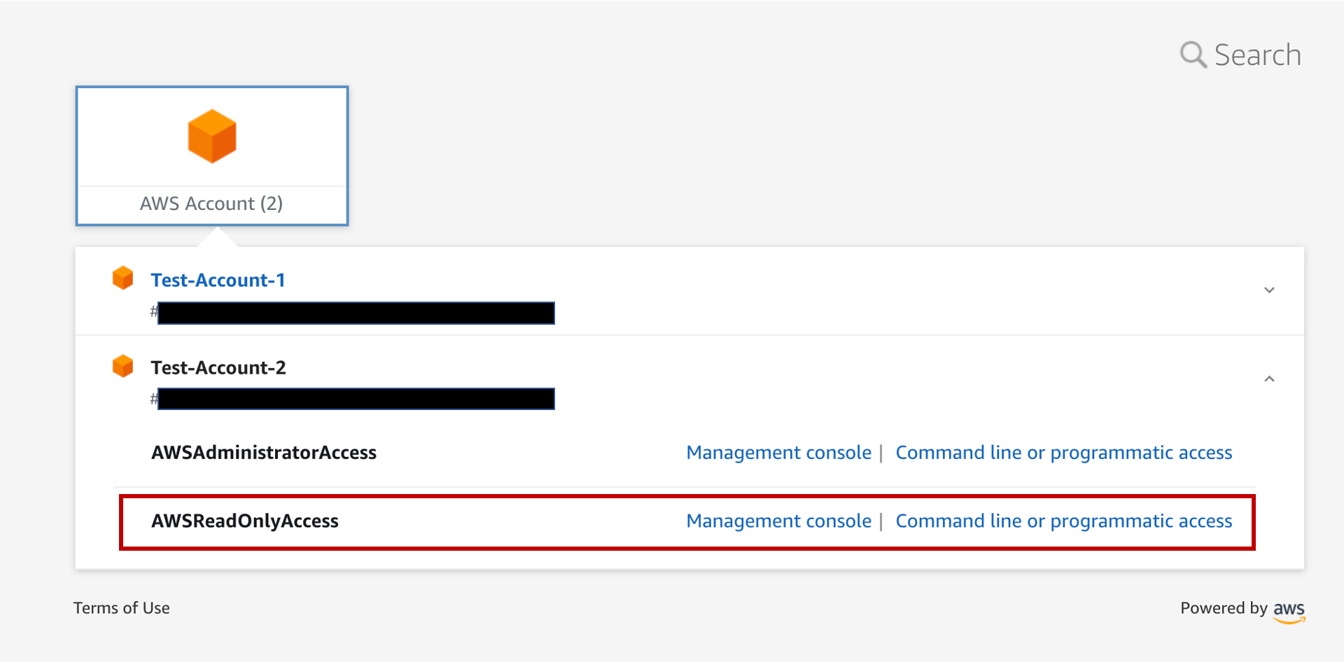 AWS SSO sign-in page displays AWSAdministratorAccess or AWSReadOnlyAccess permissions sets. The AWSReadOnlyAccess option is highlighted.