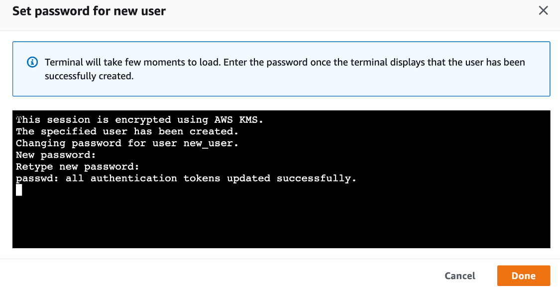 In Set password for new user, the user has been created and indicates that all authentication tokens have been updated successfully.