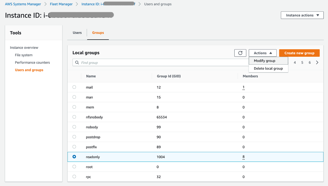 Under Local groups, there is a ist of OS groups in the managed instance. The readonly group has 8 members.
