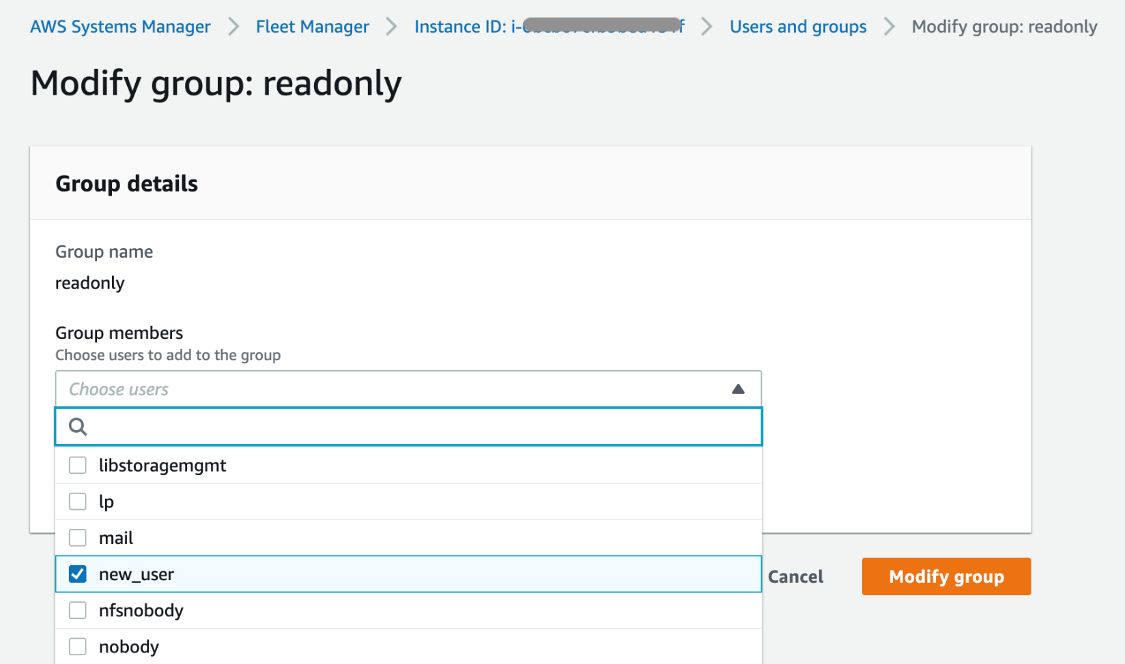 new_user is selected from the Group members list. 