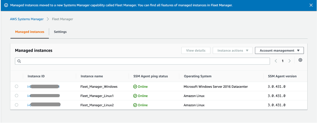 Managed instances displays a list of instances and their details, including instance name, SSM Agent ping status, operating system, and SSM Agent version.