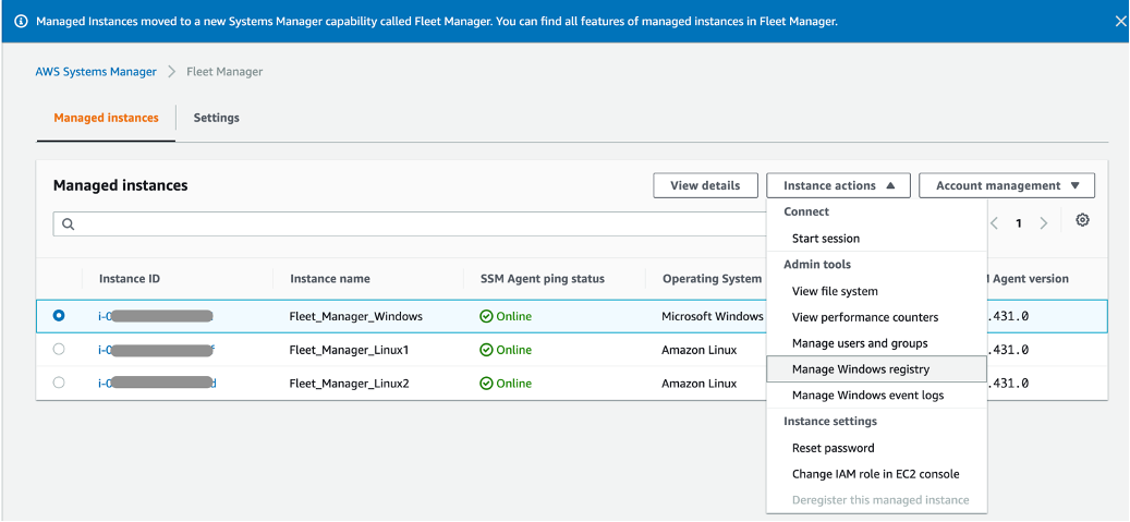 The Fleet_Manager_Windows instance is selected. Manage Windows registry is selected from the Instance actions menu.