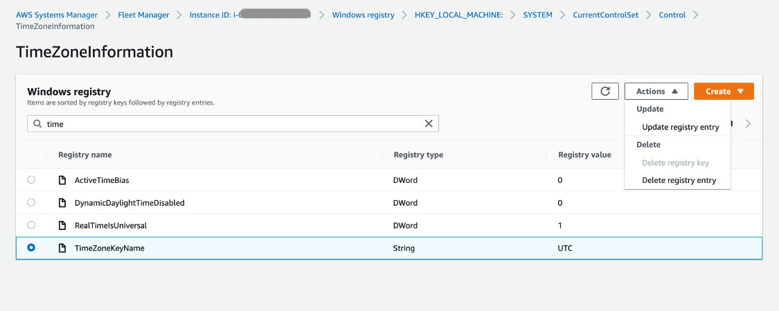 Under Windows registry, TimeZoneKeyName is selected. It has a registry type of String and a registry value of UTC.