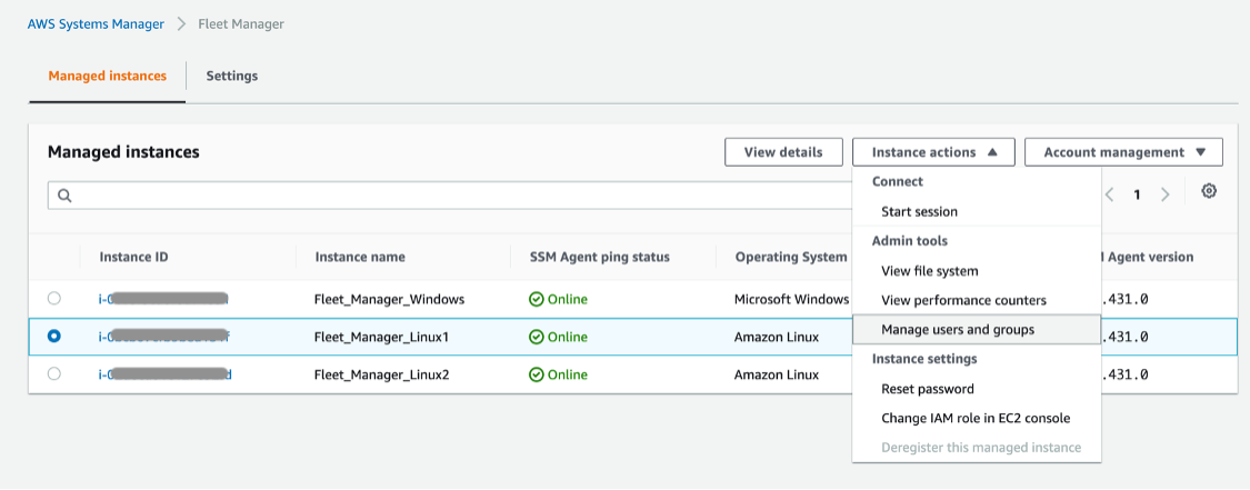 Under Managed instances, the Fleet_Manager_Linux1 instance is selected.
