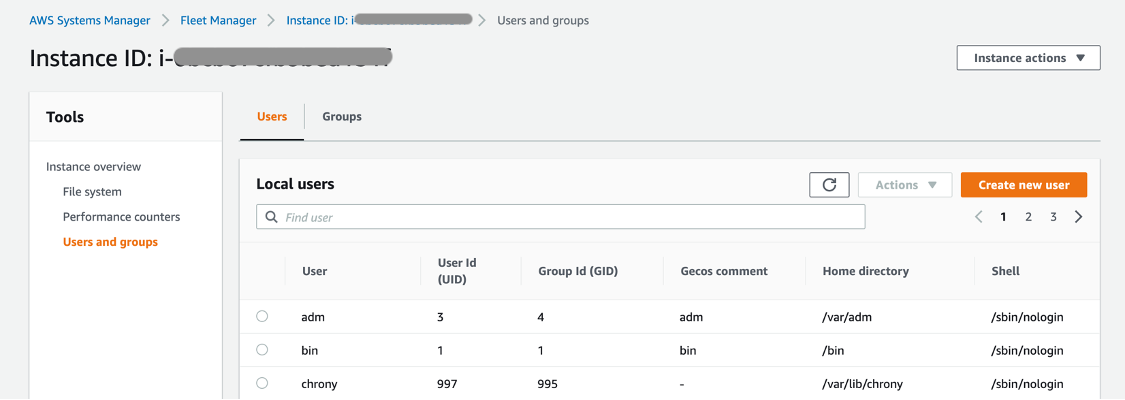 Local users displayed for the selected managed instance. The list includes columns for user, user ID, group ID, Gecos comments, home directory, and shell.