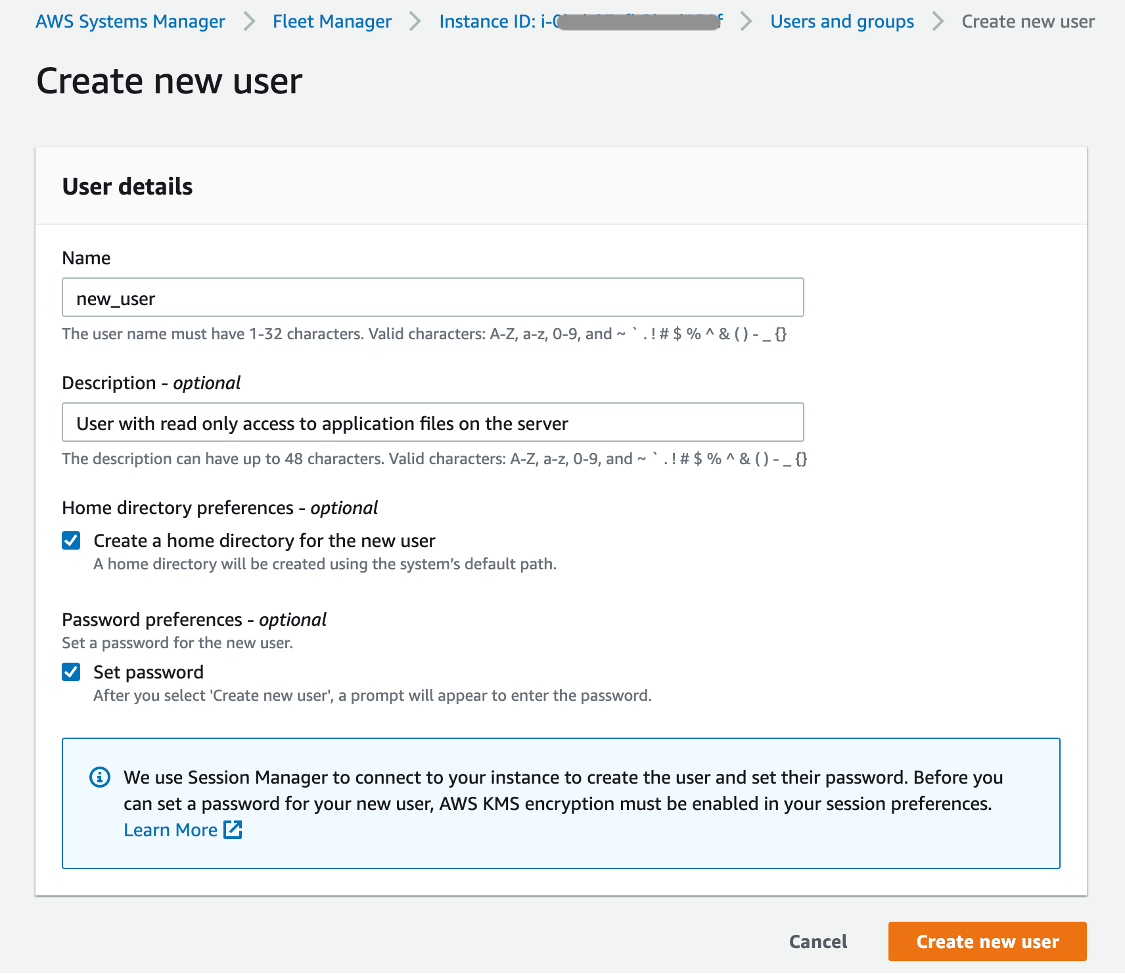On the Create new user page, new_user is displayed in the Name field. In the Description field, the displayed text reads, "User with read only access to application files on the server."