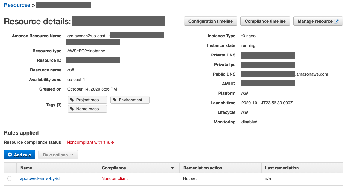 Under Rules applied, the EC2 instance is noncompliant with the approved-amis-by-id AWS Config rule.