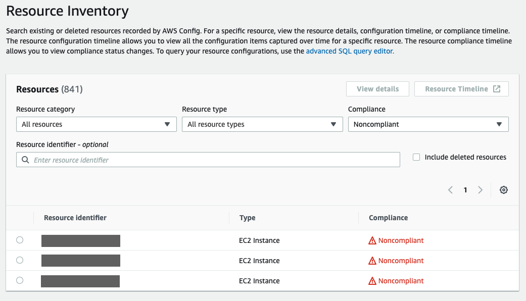 On the Resource Inventory page, there are three noncompliant EC2 instances.