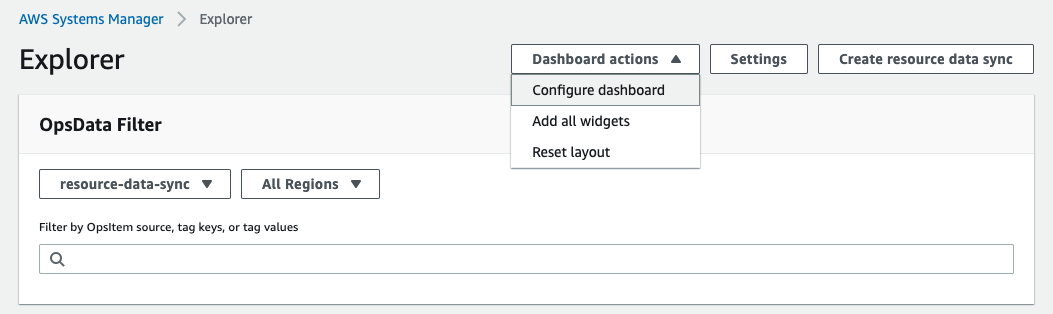 The Explorer page shows dashboard actions that include Configure dashboard, Add all widgets, and Reset layout.