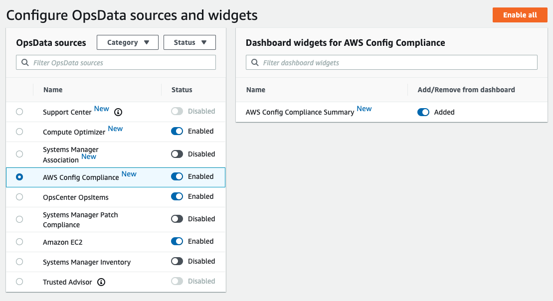 In the list of OpsData sources, AWS Config Compliance is selected and set to Enabled. The context menu for AWS Config Compliance Summary is set to Added.
