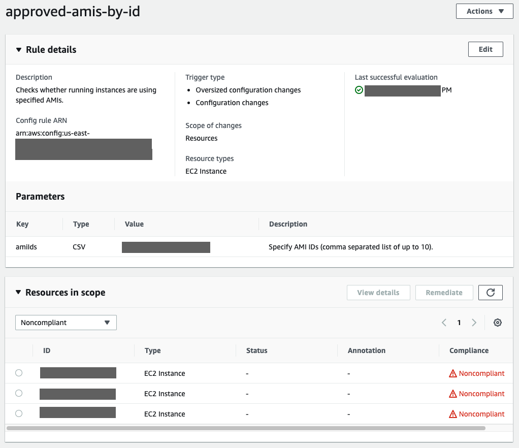 The approved-amis-by-id rule checks whether running instances are using specified AMIs. It is triggered upon configuration changes and has three noncompliant EC2 instances.