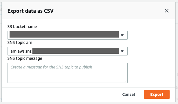 CSV data will be stored in a redacted S3 bucket name of aws-logs and sent through a redacted SNS topic ARN. The optional SNS topic message box is blank.