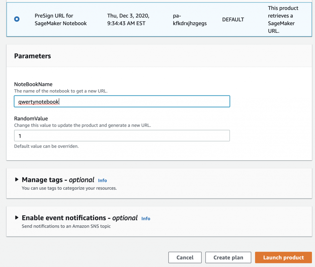 The Parameters page displays a RandomValue field with a value of 1. The NoteBookName field displays qwertynotebook.