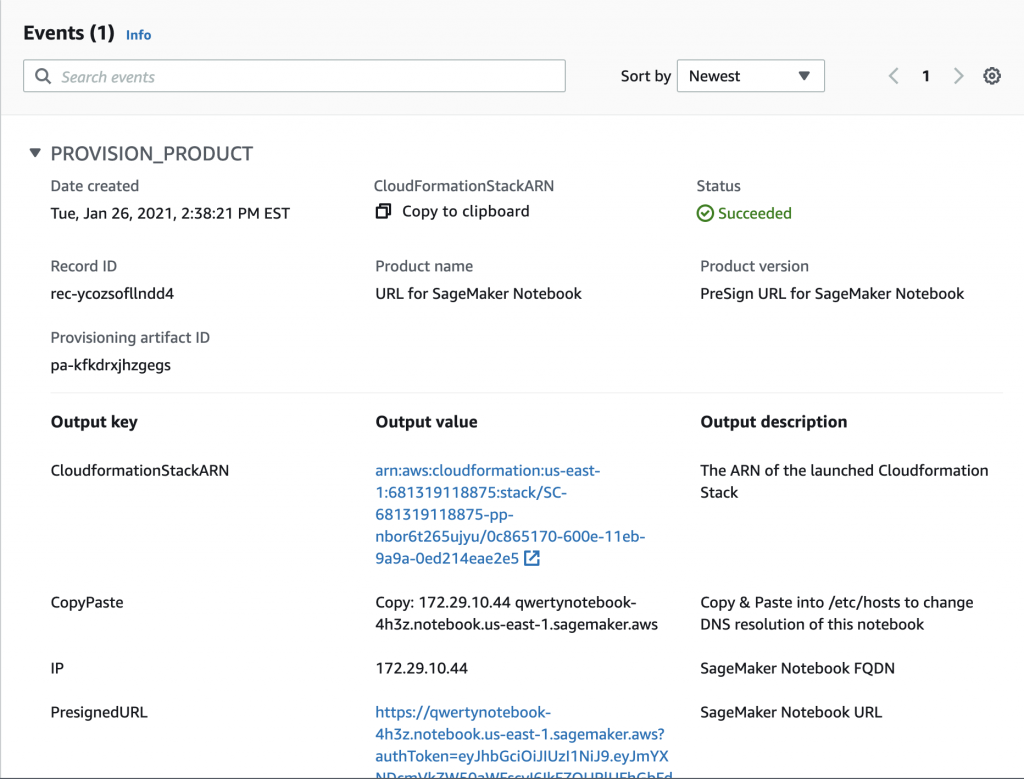 The provisioned AWS Service Catalog product, shows a status of Available. The Output value for the PresignedURL is displayed