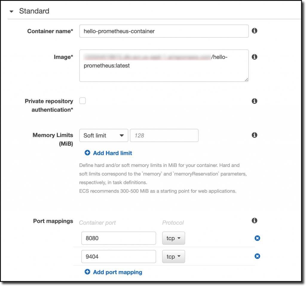 hello-prometheus is displayed in the Container name field. The Image field displays the URI. Under Port mappings, there are entries of 8080 and 9404.