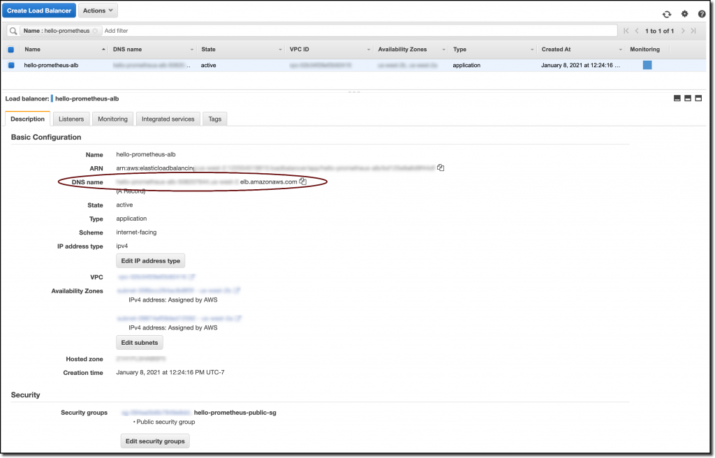The Description tab displays details for the Application Load Balancer, including ARN, DNS name, state, type, IP address type, VPC, Availability Zones, and more.