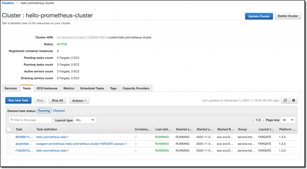 hello-prometheus-cluster page displays three tasks in the RUNNING state.