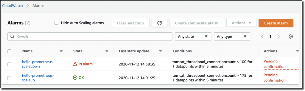 On the Alarms page, the state of hello-prometheus-scaledown is In alarm. The state of hello-prometheus-scaleup is OK.