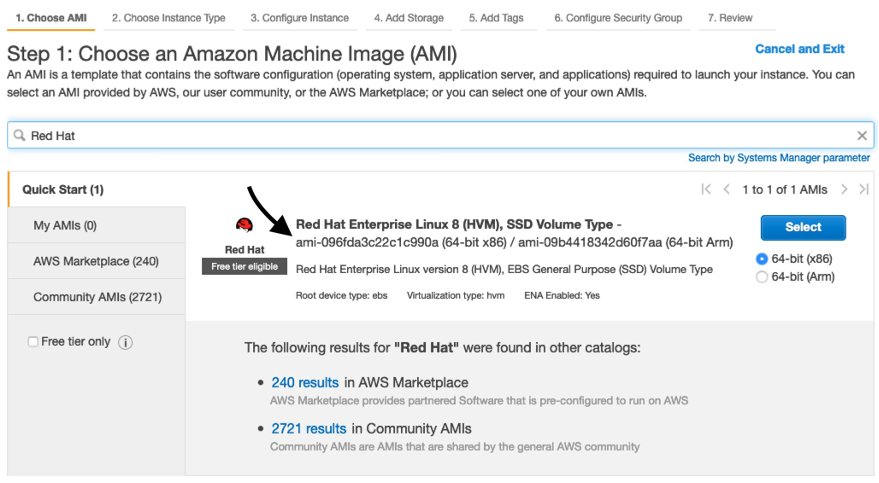 On the Choose an Amazon Machine Image page, the words “Red Hat” are entered into the search box, which returns Red Hat Enterprise Linux 8 (HVM), SSD Volume Type.